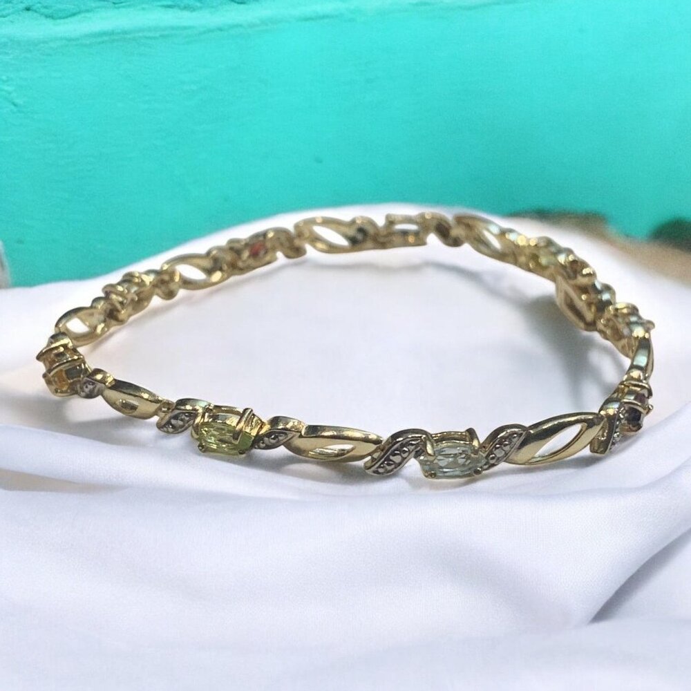 Vermeil Silver Multi-Gemstone Link Gold Color Bracelet With Secure Clasp